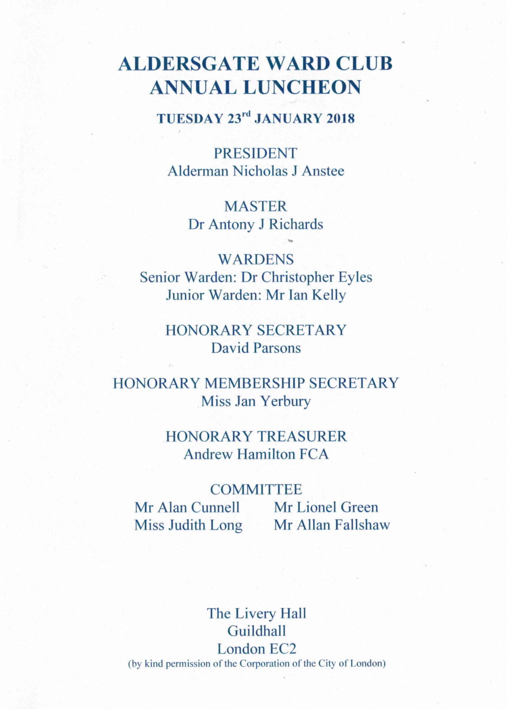 Aldersgate Ward Club - Annual Luncheon at Guildhall Jan 2018