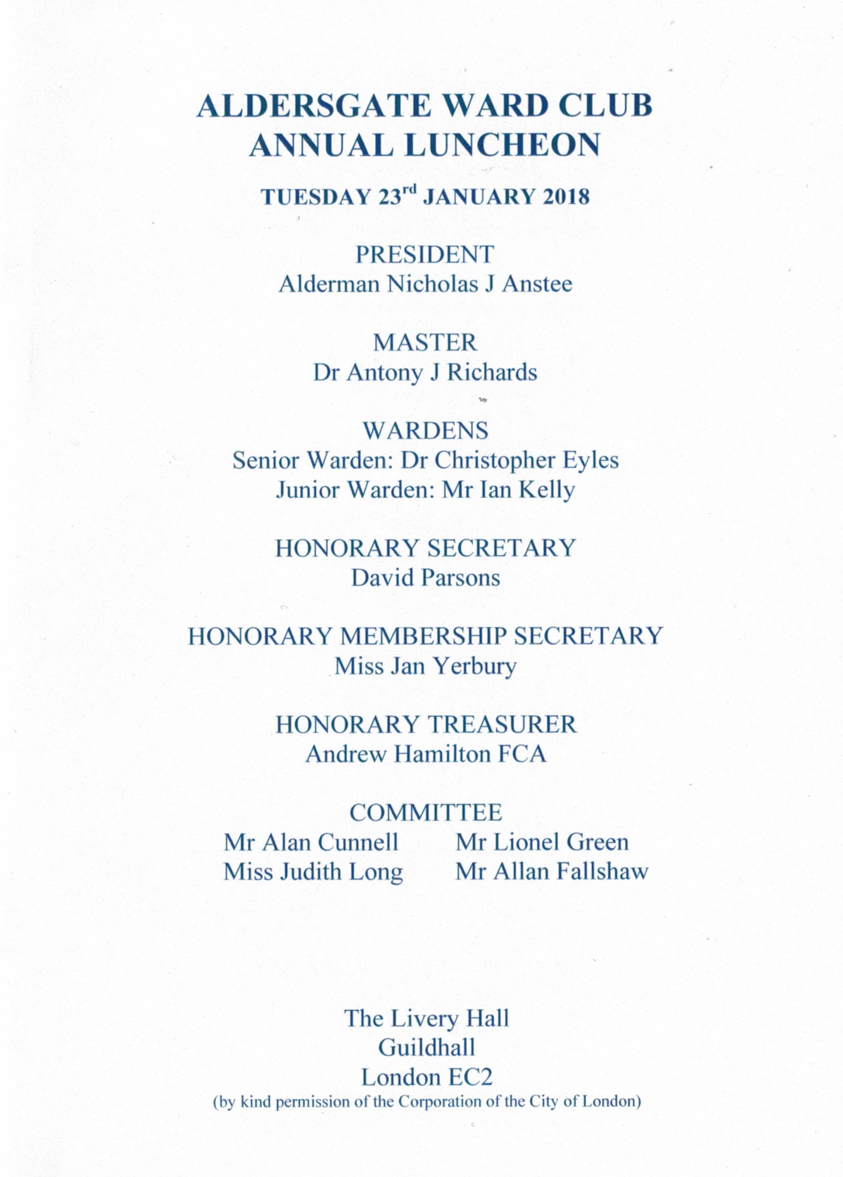 Aldersgate Ward Club - Annual Luncheon at Guildhall Jan 2018