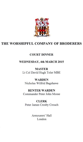 The Worshipful Company or Broderers - Court Dinner at Armourers' Hall, London, March 2015