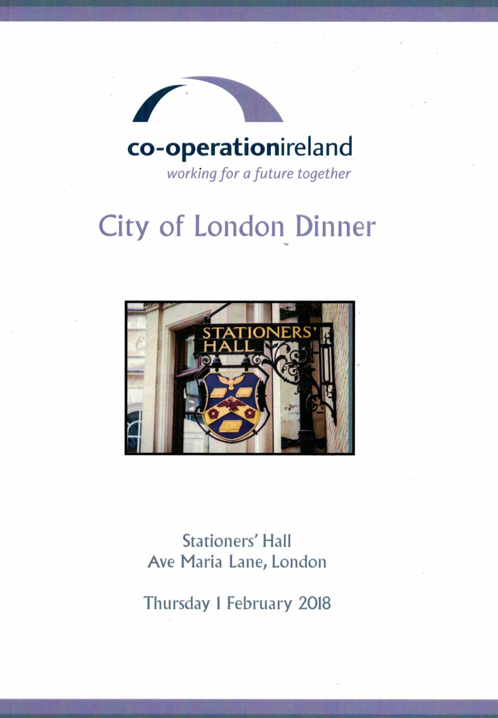Co-operation Ireland - Dinner at Stationers' Hall, February 2018