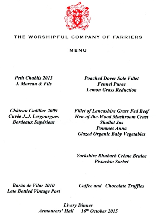 The Worshipful Company of Farriers - Livery Dinner at Armourers' Hall, Oct 2015
