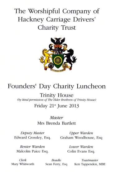 The Worshipful Company of Hackney Carriage Drivers - Founders' Day Charity Luncheon, June 2013