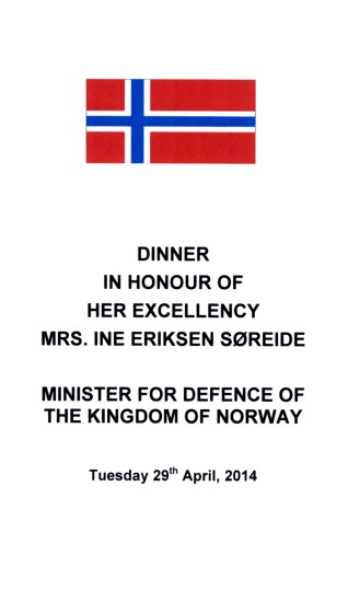 Dinner in Honour of Norwegian Minister of Defence Ine Eriksen Søreide