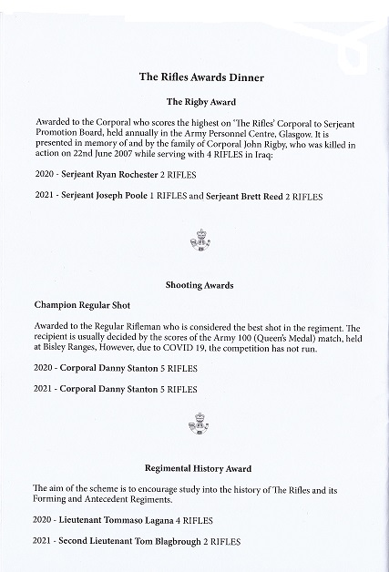 The Rifles - Awards dinner,menu, Guildhall, London, Nov 2021