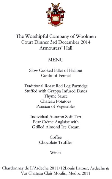 Woolmen Company - Court Dinner at Armourers' Hall, Dec 2014