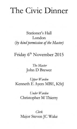 Woolmen Company - Civic Dinner at Stationers' Hall, Nov 2015