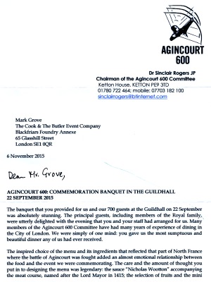 Agincourt 600 Committee - letter re Guildhall banquet, Sept 2015
