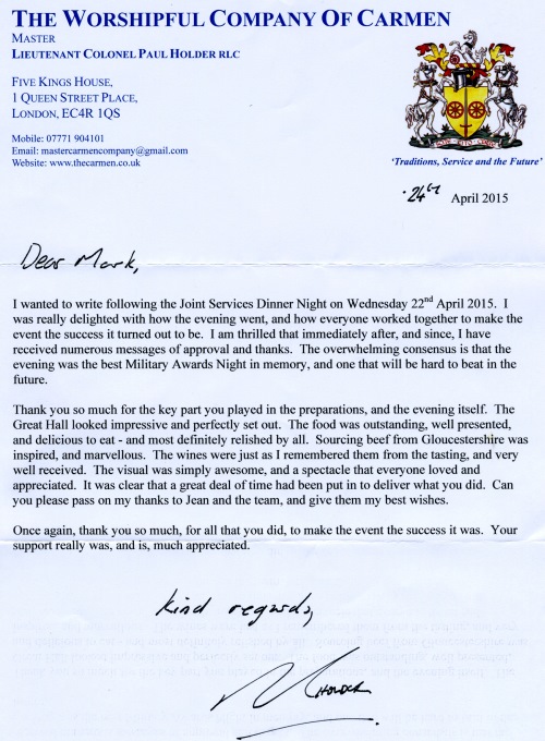 The Worshipful Company of Carmen - reference letter, April 2015